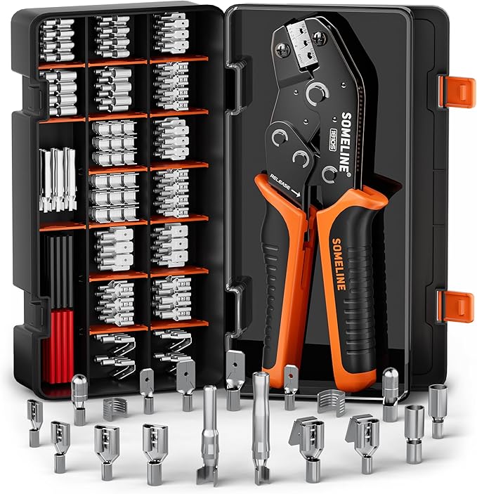 SOMELINE Wire Terminal Connector Crimping Tool Kit,3.9mm 4.8mm 6.3mm 18-10 AWG Crimper, Non-Insulated Copper Connector for Use on Connectors, Male Female Spade and Ring Terminal