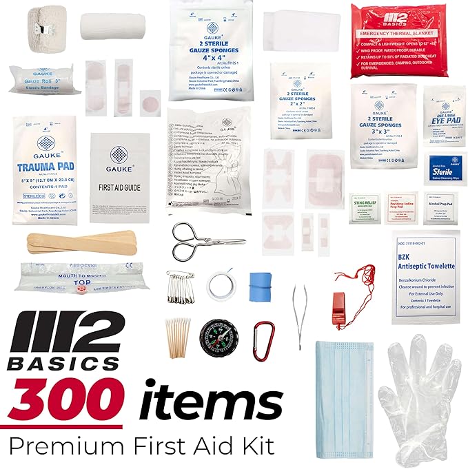 M2 BASICS Professional 300 Piece (40 Unique Items) First Aid Kit | Home, Car, Business, Travel | Medical Kit, Emergency Kit