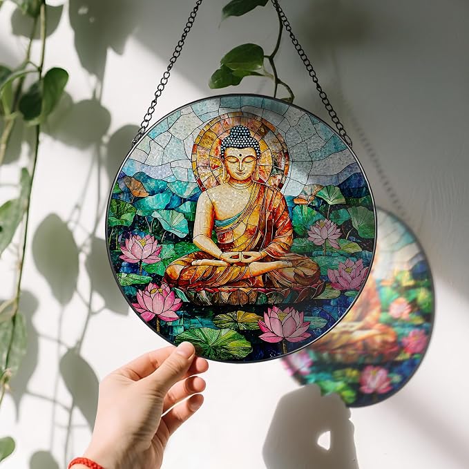 8-Inch Buddha Stained Glass Suncatcher & Ornament, Stained Glass Window Hanging - Image 3