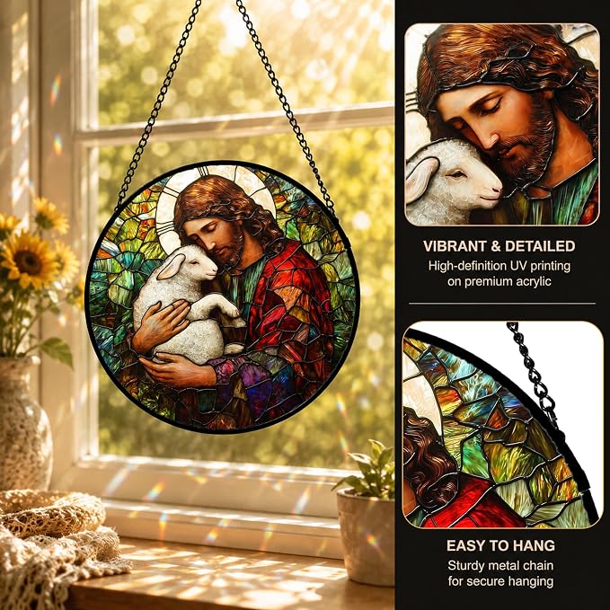 Christian Jesus Acrylic Suncatcher Faux Stained Glass Window Hanging 9.8" | - Image 3