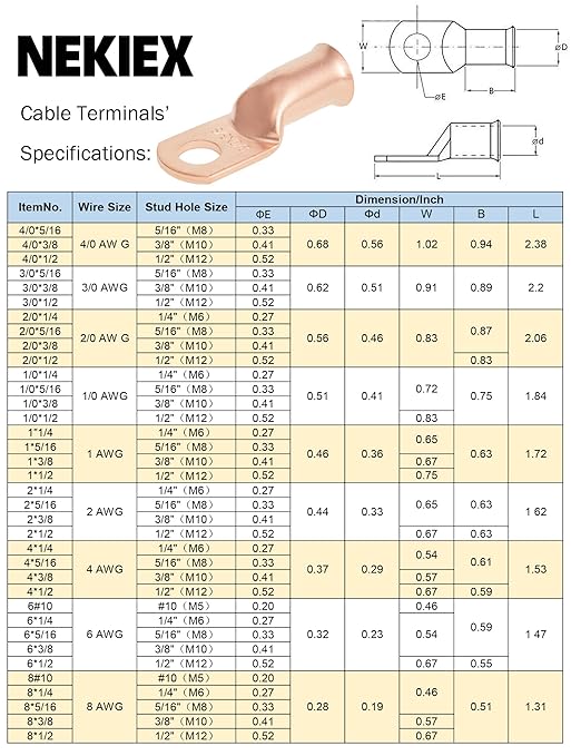 10PCS 2AWG - 5/16'' Heavy Duty Copper Terminals,Battery Cable Crimp Lugs,Battery Cable Ends,Bare Copper Eyelets Tubular Ring Terminals,Closed End Crimp Electric Connectors