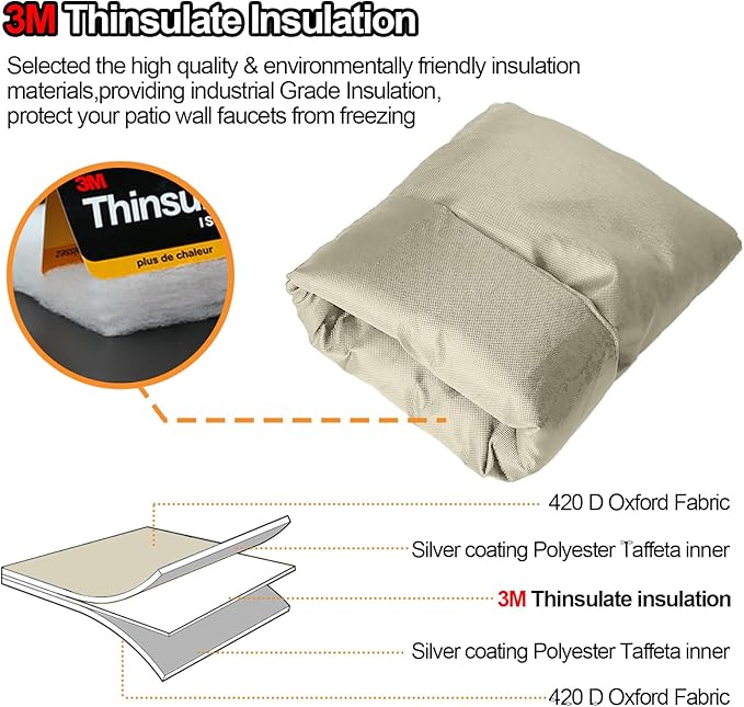 Enlarge Outdoor Faucet Cover for Winter Freeze Protection, 3M Thinsulate, 10"H x 6.3"W Hose Bib for Wall Taps Outside, Waterproof & Frost Free Insulated Spigot, 2 Pcs Faucet Socks - Sand