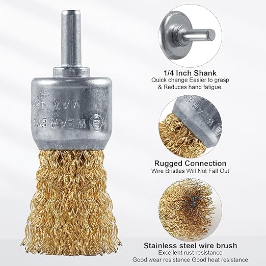 Rocaris 36 Pcs Wire End Brush for Drill with 1/4-Inch Shank, 6 Sizes Brass Coated & Carbon Steel Wire Drill Brush Set for Removal of Rust Corrosion Paint