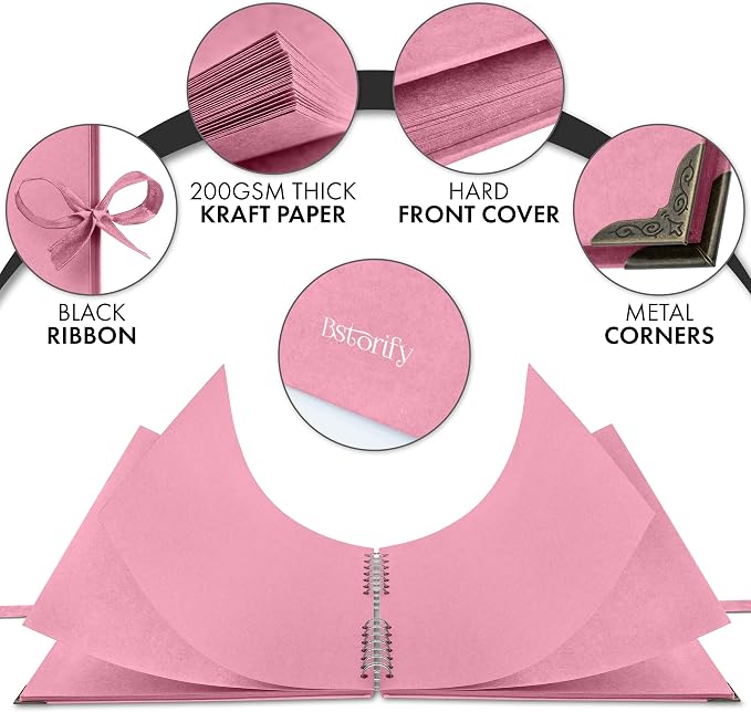 Bstorify 10 x 10 Inches Scrapbook Album 70 Pages Pink Thick Kraft Paper Corner - Image 3