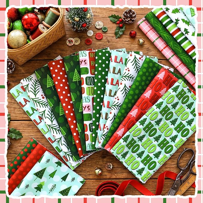 HunnmingRe 20 Pcs 10''x10'' Christmas Red and Green Quilting Fabric Square - Image 3