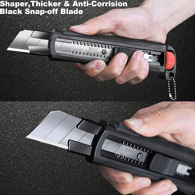 HAUTMEC 25mm Extra Heavy Duty Utility Knife with Double Lock Mechanism, Auto-Lock and Ratchet- Lock for Double Safety, SK2 Sharp Black Blade for Industrial or Construction Applications HT0254-KN