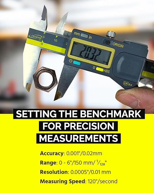 iGAGING Absolute Origin 0-6" Digital Caliper, IP54 Stainless Steel, SPC/USB Output Port, Fraction Reading, Depth Base, Case, Manual, Battery