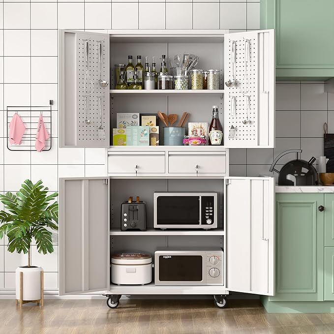71" H Metal Garage Storage Cabinet with Wheels and Doors,Rolling Tool Cabinet with Pegboard and 2 Lockable Drawer for Garage Warehouse Home,Required Assembly,White