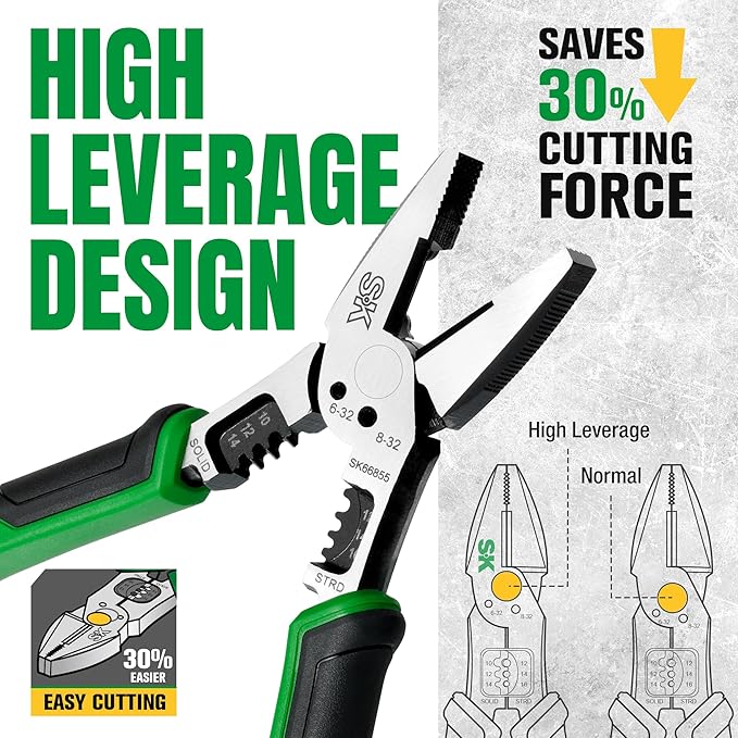 SK 8-Inch Multi-use Linesman Pliers, 6 IN 1, Premium CR-V Steel Construction, Ergonomic Anti-slip Handle for Comfortable Grip