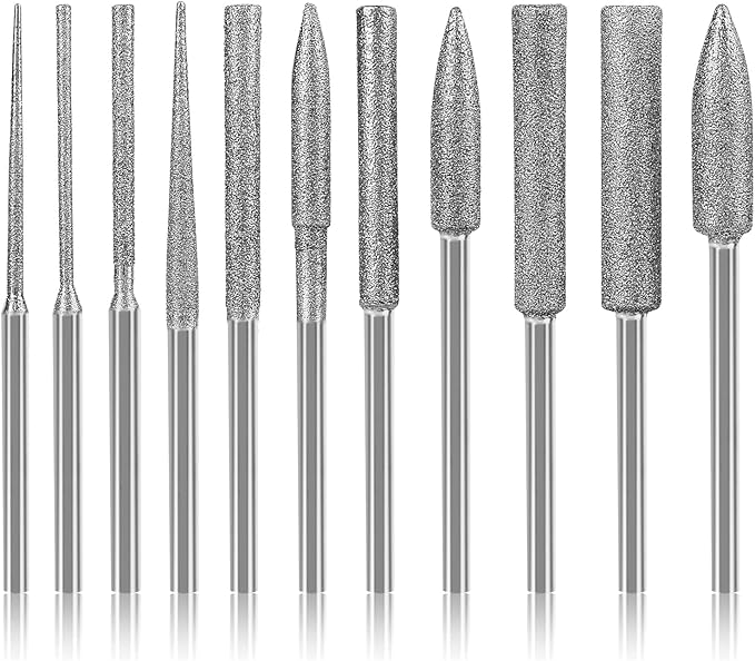 Stone Carving Set Diamond Burr Bits Compatible with Dremel, 11PCS Polishing Kits Rotary Tools Small Long Cone Accessories with 1/8’ Shank For Carving, Engraving, Grinding, Stone, Rocks, Jewelry, Glass