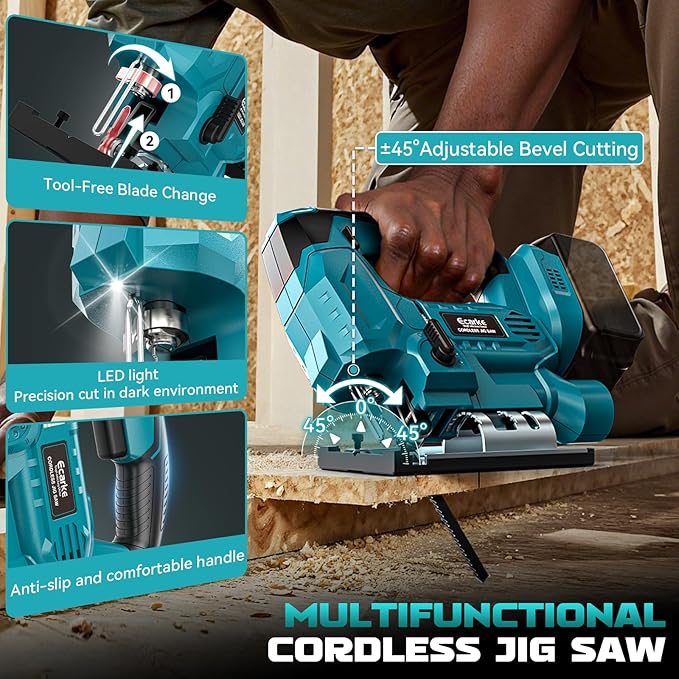Jig Saw Compatible With Makita 18V Battery, Cordless Jigsaw Tool Brushless Motor With 6 Variable Speeds, 4 Orbital Sets, ±45° Bevel Cuts, LED Light and 6PCS Blades For Cutting (Without Battery)