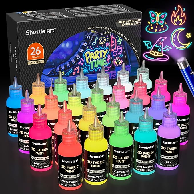 Shuttle Art Glow in the Dark Paint, 26 Colors 3D Fabric Paint by ShuttleArt