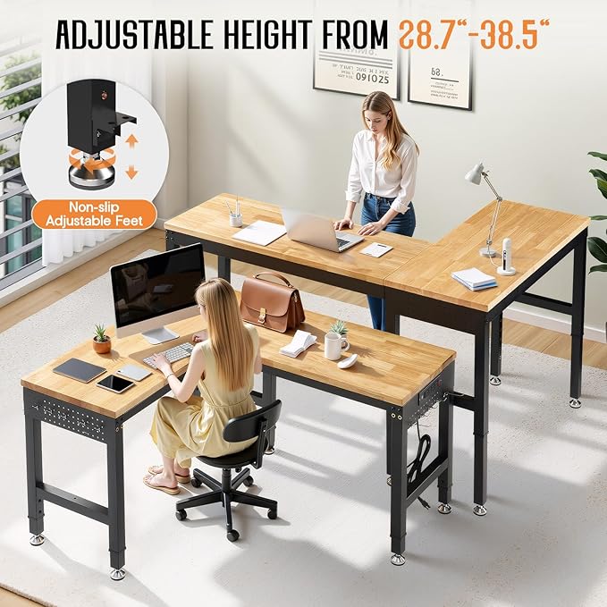 SPECRAFT 56"x48" L-Shaped Workbench with Power Strip, Adjustable Height Heavy Duty Work Table with Pegboard, 6000LBS Load Capacity, Industrial Wood Top Workstation for Garage, Workshop, Home Office