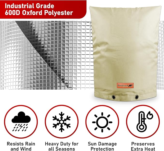Redford Supply Co. Cold Snap (5°F) Backflow Preventer Insulation Cover, 12"W x 26"H, Pipe Insulation, Water Sprinkler Covers for Outside, Sprinkler Backflow Cover for Winter, Well Pump Bag (Beige)