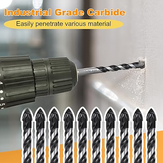 TITGGI 1/4" (10PCS) Masonry Drill Bit Set & Cement Drill Bits, Professional Concrete Drill Bit Set for Glass/Brick/Plastic/Cement/Wood/Tile/Etc, Industrial Strength Carbide Drill Bit Tip