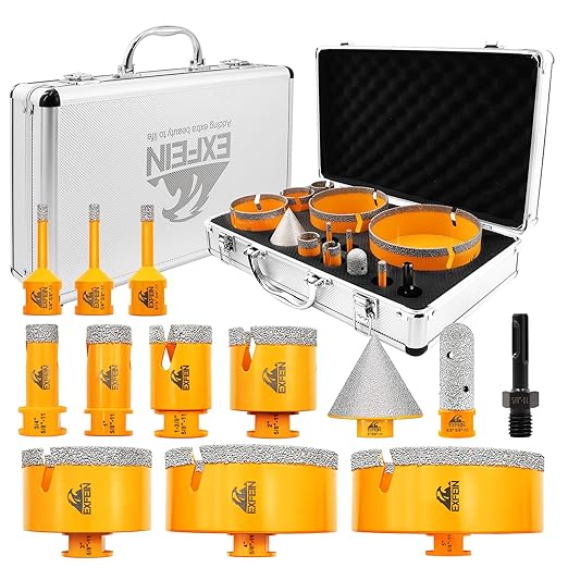 Tile Hole Saw Kit 13pcs - Diamond Core Drill Bits 6/6/8/19/25/35/50/75/102/125mm for Tile Porcelain Marble Granite with 20mm Diamond Finger Bit and 2" Chamfer Bit Trimming Hole and SDS Adapter