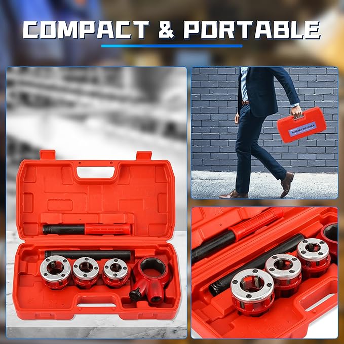 Pipe Threader Ratchet Kit， Manual Ratcheting Pipe Threading Tool Set with 6 NPT Dies (1/4" 3/8" 1/2" 3/4" 1" 1-1/4"),Portable Pipe Threading Tool Set for Galvanized Aluminum Iron Copper Pipes
