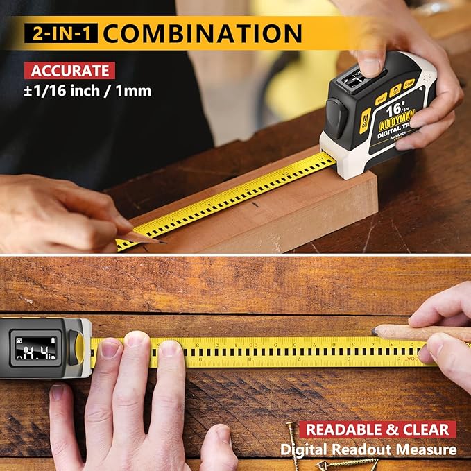 Alloyman 2-in-1 Digital Tape Measure, 16Ft Length, 6 Unit Options, 4 Measuring Modes, Stores 50 Records, Auto Lock with Magnetic Hook, Waterproof & Drop-Resistant