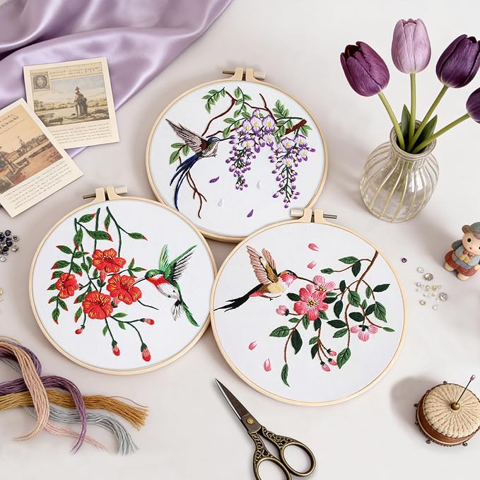 Embroidery Kit for Beginners, 3 Pack Hummingbird and Flower Cross Stitch Kits - Image 5