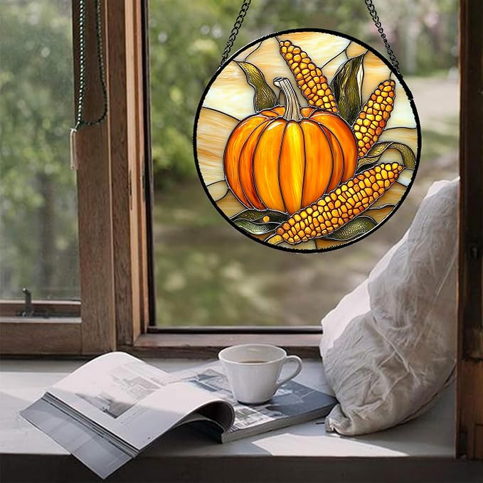 DASTOLL Stained Glass Window Hanging Autumn Harvest Pumpkin Corn Large 11.8" - Image 5