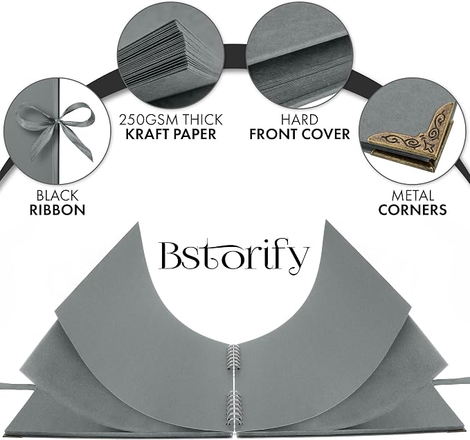 Bstorify Square Scrapbook Photo Albums 80 Pages Grey Thick Paper, Ribbon Closure - Image 3