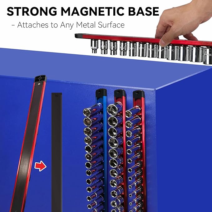 Magnetic Socket Holder Organizer Set - 9-Piece Detachable Trays for 1/4", 3/8", 1/2" Sockets, 120-Piece Toolbox Drawer Organizer, Aluminum Alloy Garage Storage for Mechanics & DIY (Red/Blue/Green)