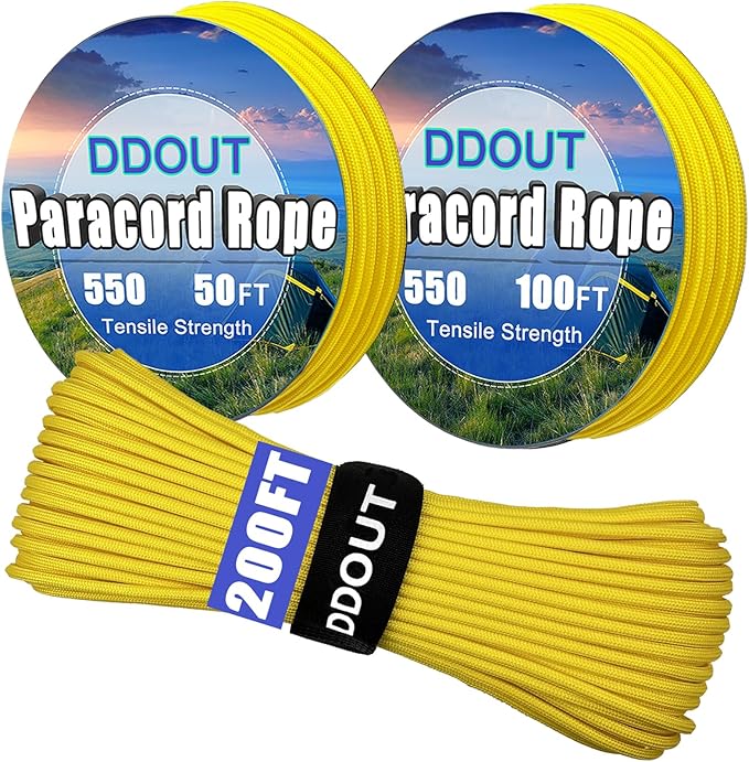 Paracord Nylon Rope Yellow 50ft with 7-Strand Core, 10 Colors and 50/100/200 ft, Type III Parachute Cord 4mm for Camping, Survival, Hiking, DIY, Crafting, Outdoor Utility Rope