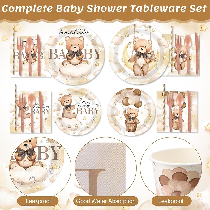 450 Pcs Brown Bear Baby Shower Tableware Set Decorations We Can Bearly Wait - Image 3