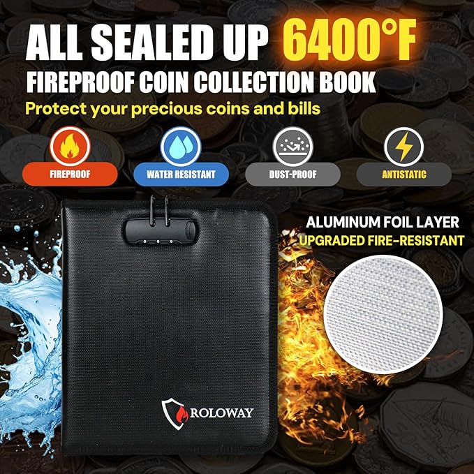 ROLOWAY Coin Collection Book 6400℉ Heat Insulated, 346 Pockets Fireproof Coin - Image 2