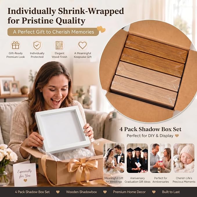 4 Pack 8x10Shadow Box Frame Set, Deep Wood Display Case - Image 8