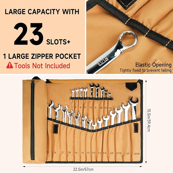 Wrench Roll Organizer (NOT for Ratcheting Wrench),Wrench Roll Up Pouch with 23+1 Pockets,Heavy Duty Tool Roll for Metric & SAE Wrenches,Large Wrench Holder Organizer Bag for Men,Mechanics(Brown)