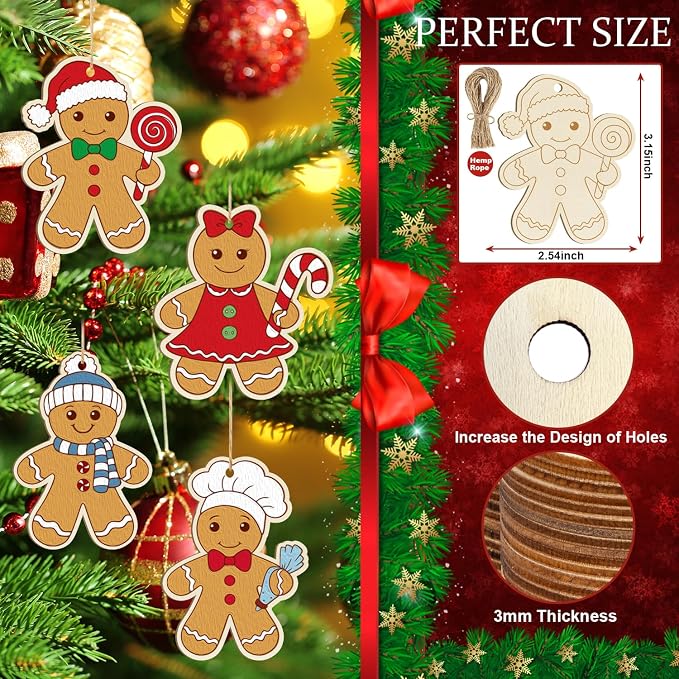 80PCS Wooden Christmas Ornaments to Paint, 8 Styles DIY Blank Unfinished Wood - Image 2