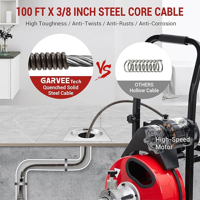Auto Feed 100 FT x 3/8 Inch Drain Cleaner Machine with 250W Motor, Portable Sewer Snake Auger with 8 Cutters & Air-Activated Foot Switch, Fits 1" to 4" Pipes, Black & Red