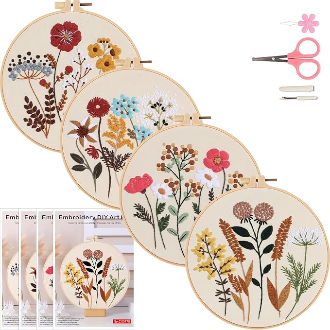 COCOMOX Floral Embroidery Kit, 4 Sets Simple Flower Pattern Embroidery Practice by COCOMOX