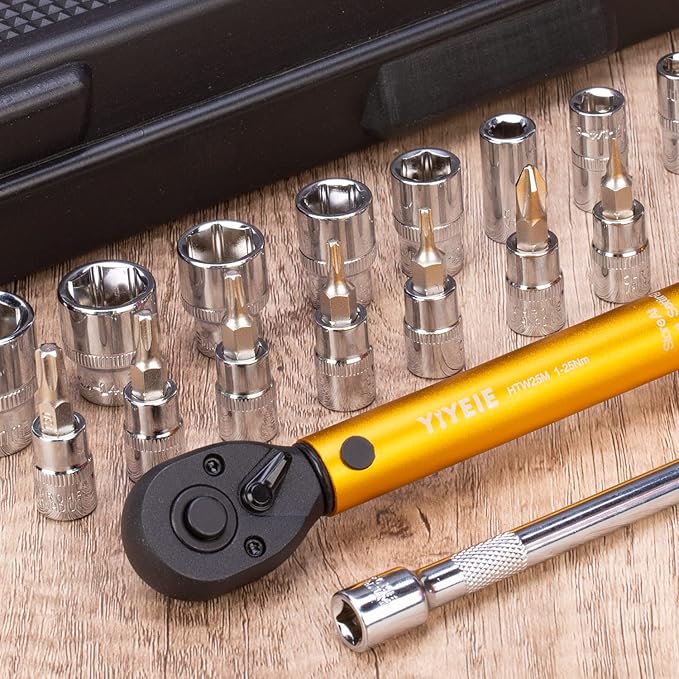 1/4 Inch Drive Bike Torque Wrench, 1-25 Nm (10-222.5 in.lb), 27 PCS Click Bicycle Torque Wrench with Bit Sockets, 0.1 Nm Micro, 72-Tooth Ratchet, 3/8 Adapter, for MTB, E-Bike, Motorcycle