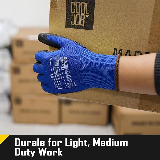 COOLJOB 12/60 Pairs Safety Work Gloves Pack Bulk with Grip PU Coating, 13 Gauge Seamless Knit Gloves with Polyurethane Dipped for Warehouse Working, Breathable Lightweight for Men Women, Blue Large
