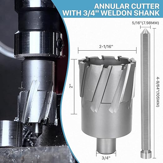 KEENTECH Carbide-Tipped Annular Cutter, 2-1/16" Diameter x 2" Depth, 3/4" Weldon Shank (2 Flat), High Speed Cutting TCT Mag Drill Bit with Pilot Pin for Harder Material, Stainless Steel, Cast Iron