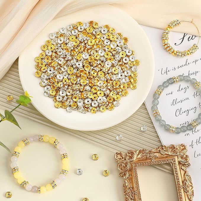 Augshy 700Pcs Rondelle Spacer Beads, 8 mm Silver and Gold Rhinestone Spacer - Image 5