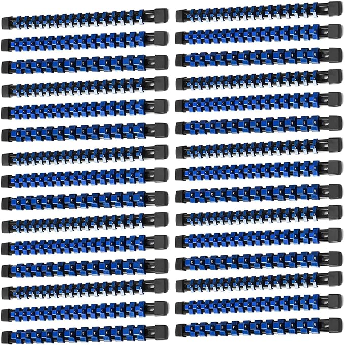 ALOANES 30 PC ABS Socket Organizer, 1/2 inch, 3/8 inch and 1/4 inch Drive Socket Rail Holders, Heavy Duty Socket Racks, Black Rails with Blue Clips