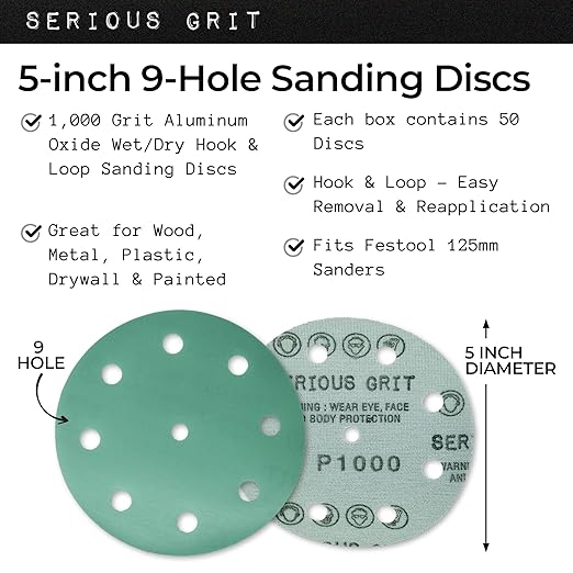 5-Inch 9-Hole 1000 Grit Sanding Discs - Heavy-Duty Hook & Loop Film Discs - Sandpaper for Random Orbital Sanders - 50 Pack Box