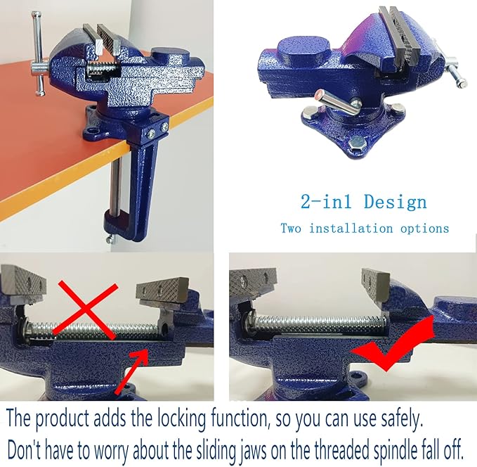 2-in-1 Dual-Purpose Combined Bench Vise or Table Vise, With end-point locking device, Portable Universal Rotate 360° Work Clamp-On Vise, 2.5" Blue