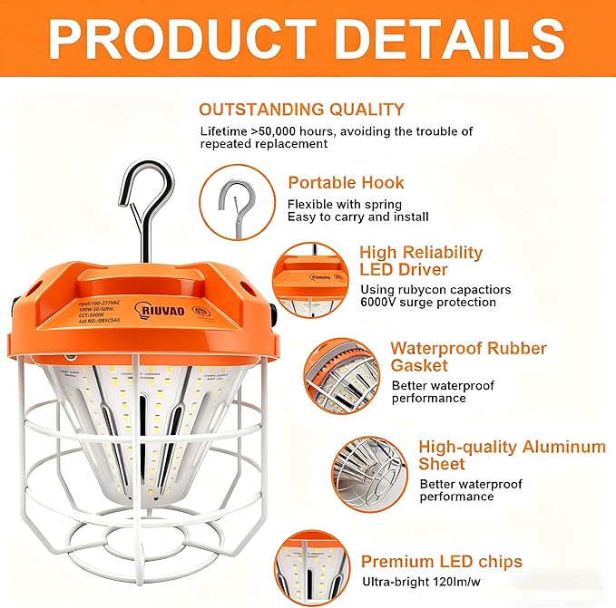 LED Temporary Work Light 100W15000Lm, 5000K Daylight White, Portable High Bay Light with Hook, Indoor Outdoor Area Lighting