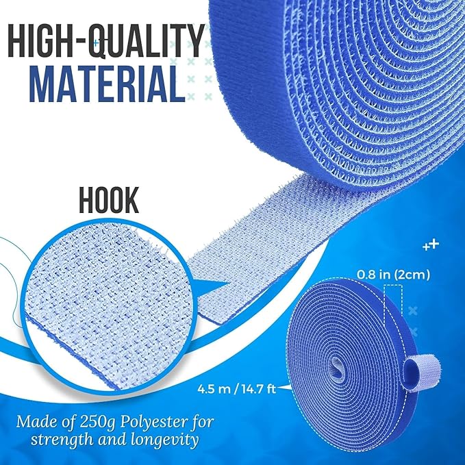 TNP Hook and Loop Tape Strap Cable Ties Fastener (Blue) (15 Feet) - Sticky Self Adhesive Nylon Fabric Roll Wrap 0.75" Wide 5 Yards Reusable for Cutting Custom Length Cord Wire Fastening