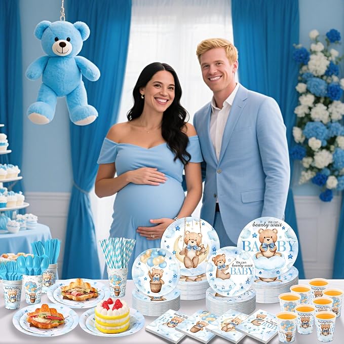 450 Pcs Blue Bear Baby Shower Tableware Set Decorations, We Can Bearly Wait - Image 4