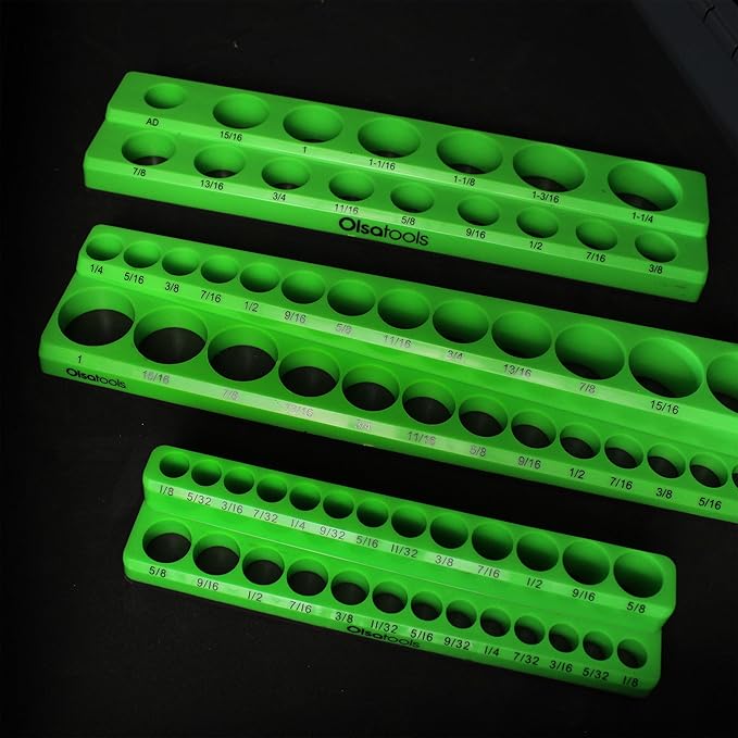 Olsa Tools Magnetic Socket Organizer | 6 Piece Socket Holder Set | 1/2-inch, 3/8-inch, & 1/4-inch Drive | Metric Black, SAE Green | Holds 143 Sockets | Professional Quality Tool Organizers