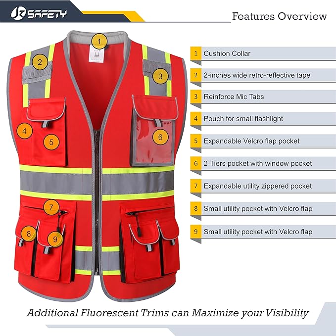 JKSafety 10 Pockets Hi-Vis Zipper Front Fluorescent Red Safety Vest | Cushioned Collar | High Reflective Tapes with Extended Neon Yellow Strips | Meets ANSI/ISEA Standards (5X-Large, 89-Red)