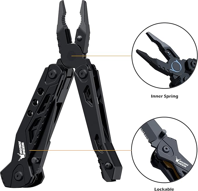 Rush Deer Pocket Knife - Folding EDC Multitool for Men, Small and Versatile Camping, Fishing, and Hiking Accessories Set (Black)
