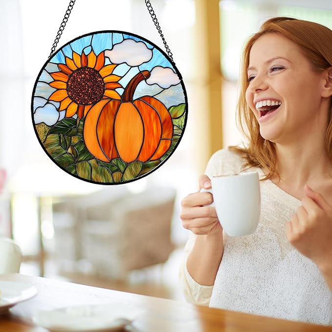 DASTOLL Stained Glass Window Hanging Fall Farm Scenery Sunflower Pumpkin 9.8" - Image 4