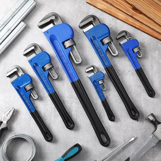 Gisafai 8" 10" 12" 14" 18" 24" Straight Heavy Duty Pipe Wrench Set Plumber Adjustable Water Alloy Steel Grip Plumber's Wrench Plumbing Tools, Blue
