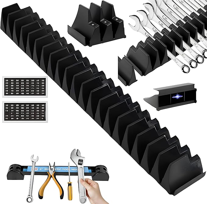 46PCS Magnetic Modular Wrench Organizer with 8" Magnetic Tool Holder, Wrench Rack for Tool Box Drawer, SAE & Metric Labels, Space-Saving Storage, Gift for Professional Mechanics Men, Black